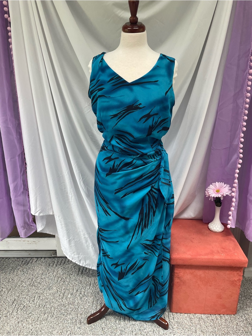 Mlle Gabrielle Teal Blue & Black Sleeveless V-Neck Wrap Maxi Dress